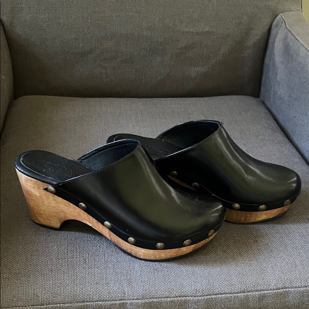 Cordani Black Leather Mules with Wooden Heel